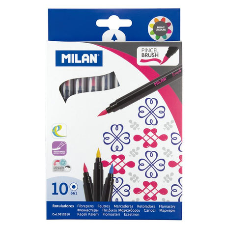 Milan Markers 10 Pack with water-based brush tip, featuring bright colors, perfect for art, calligraphy, and easy blending.