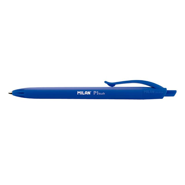 Milan P1 Touch Colours Ballpoint Pen in sleek matt blue with 1 mm tip, designed for smooth, bold writing up to 1200 meters.