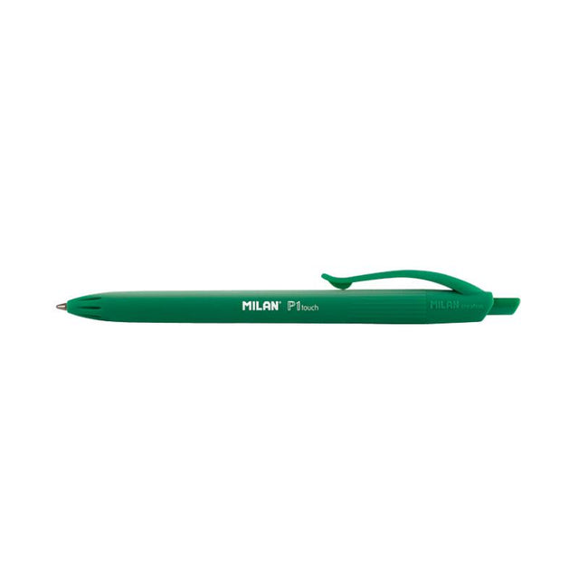 Vibrant green Milan P1 Touch Colours ballpoint pen with matching barrel and 1 mm tip for smooth writing.