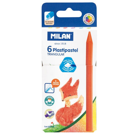 Triangular pack of 6 vibrant crayons for kids: yellow, blue, brown, black, red, green; ideal for art and easy gripping.