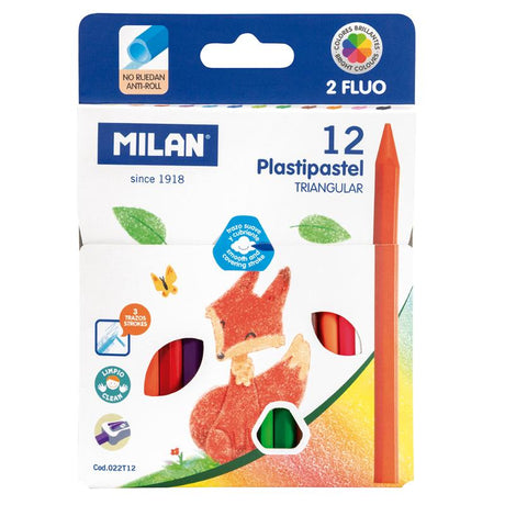 Milan Plastipastel Triangular Pack: 12 vibrant, child-safe crayons for easy grip, versatile strokes, and mess-free creativity.