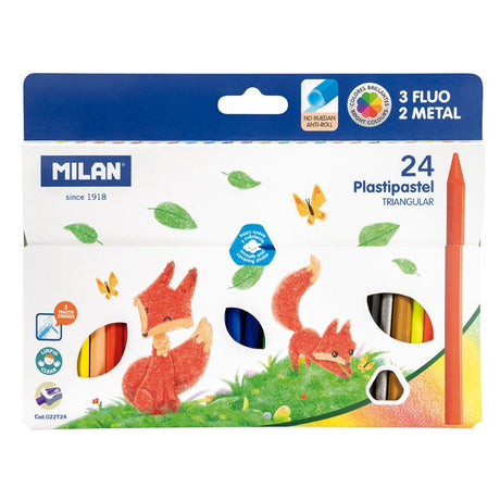 Milan Plastipastel Triangular Pack of 24 colorful crayons in vibrant shades, perfect for young artists and mess-free creativity.