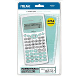 Milan M240 Turquoise Scientific Calculator with antibacterial features, translucent cover, ergonomic design, and compact size.