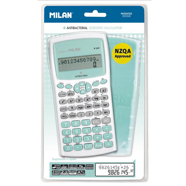 Milan M240 Turquoise Scientific Calculator with antibacterial features, translucent cover, ergonomic design, and compact size.