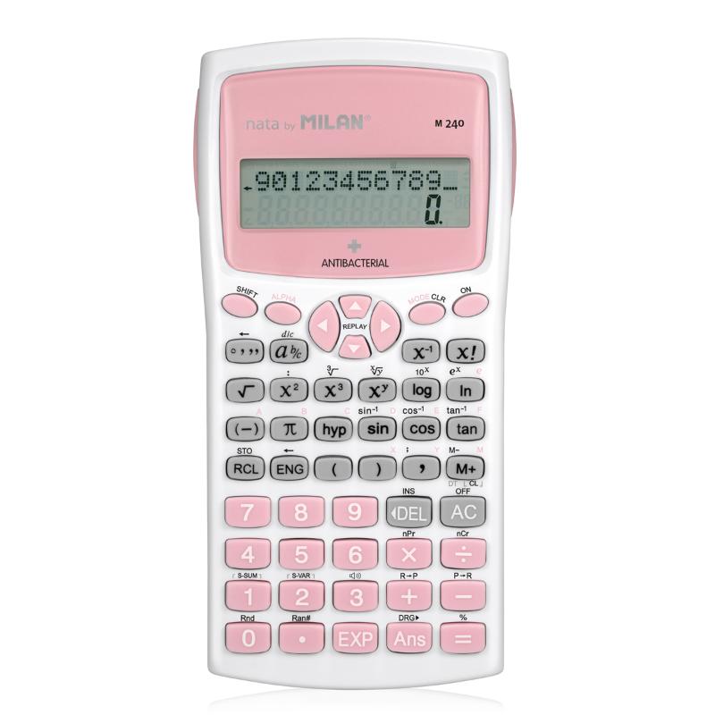 Vibrant pink Milan M240 scientific calculator with antibacterial cover, ideal for hygiene in schools and offices.