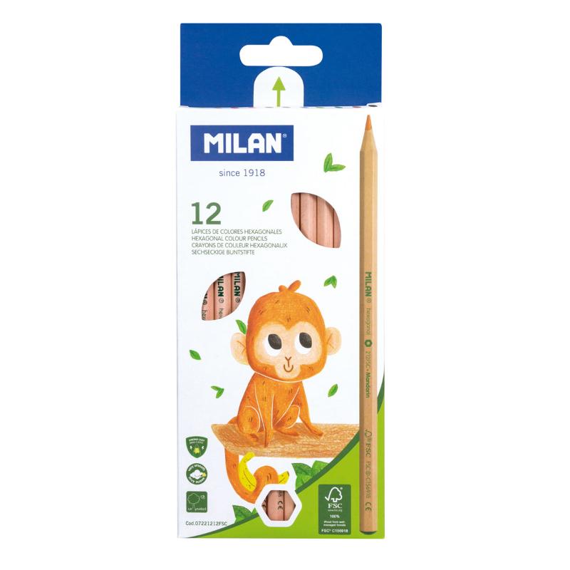 Milan Coloured Pencils set of 12, eco-friendly, hexagonal design with smooth 2.9 mm leads for vibrant coloring and sketching.