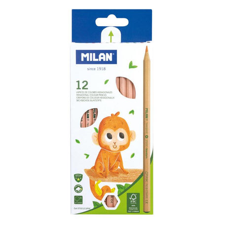 Milan Coloured Pencils set of 12, eco-friendly, hexagonal design with smooth 2.9 mm leads for vibrant coloring and sketching.