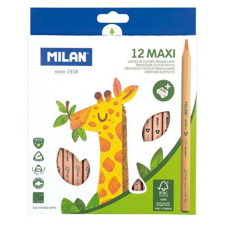 Milan Triangular Coloured Pencils Pack of 12 in vibrant colours, designed for durability and comfort for artists of all ages.