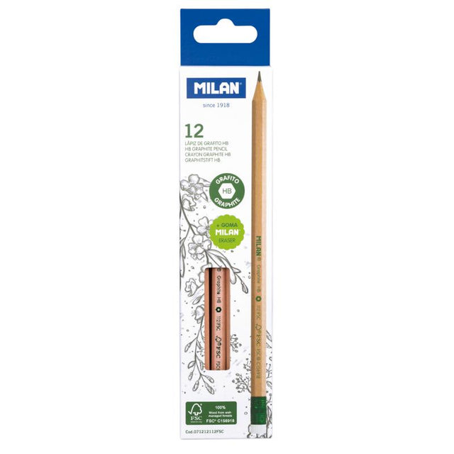 Milan HB Pencil Pack of 12, hexagonal, eco-friendly wood, 2.2 mm lead, perfect for writing, drawing, and sketching.