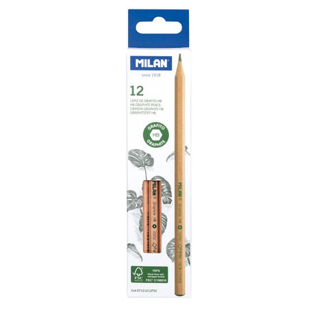 Milan HB Pencil Pack of 12 in hexagonal shape, featuring durable, eco-friendly 2.2 mm graphite lead for writing and drawing.