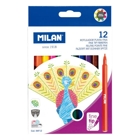 Milan Markers Value Fine Tip Pack, 12 assorted colors for detailed drawing, professional outlines, and vibrant art projects.