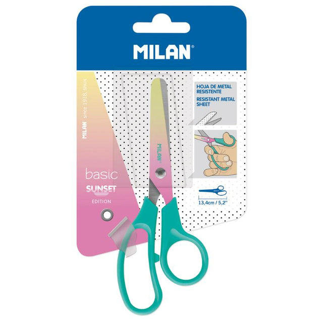 Vibrant turquoise-handled scissors with sunset gradient blades, perfect for crafting and school use, featuring a rounded tip for safety.