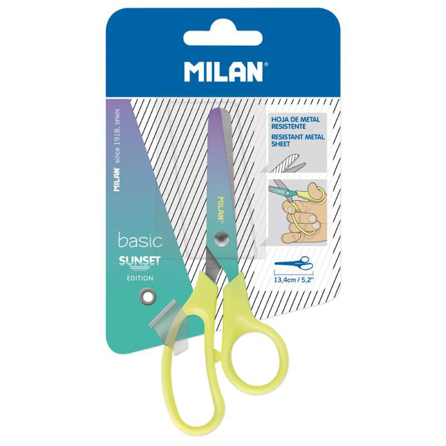 Milan Sunset Scissors with yellow handles, stainless steel blades, sunset gradient, and polka dot pattern, ideal for crafting and school use.