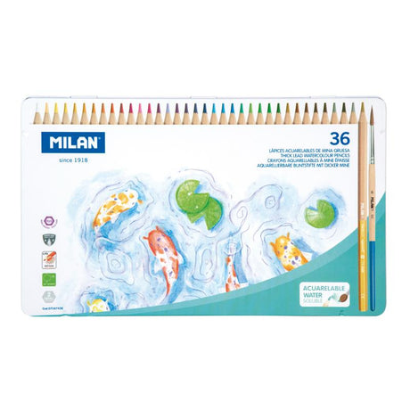 Milan Water Soluble Coloured Pencils Pack of 36 in a metal box, featuring vibrant colors and durable, eco-friendly design.