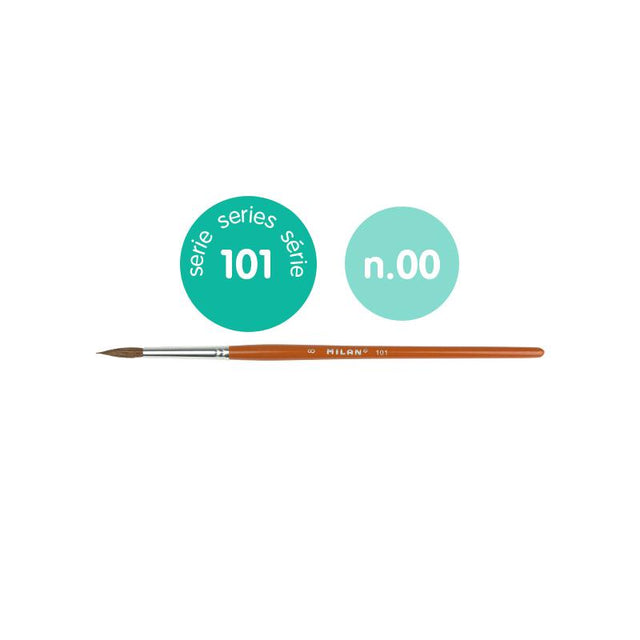 Milan Round Brush 101 Series Size 00 with brown wooden handle, goat hair, and synthetic fibers for versatile painting.