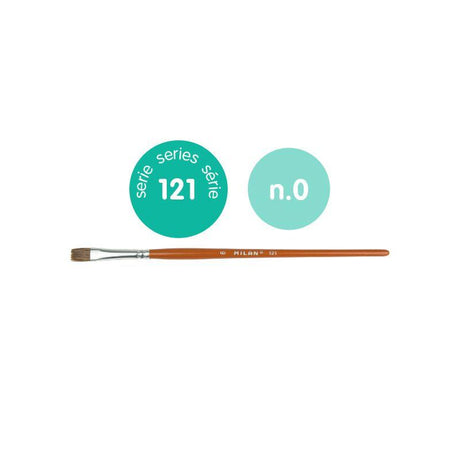 Milan School Brush 121 Series Flat Size 0, featuring a short wooden handle, goat hair blend, ideal for watercolour and precise strokes.