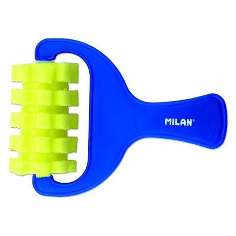 Milan Sponge Brush 1311 features a 70mm grooved sponge head on a blue handle, perfect for watercolor and versatile painting.