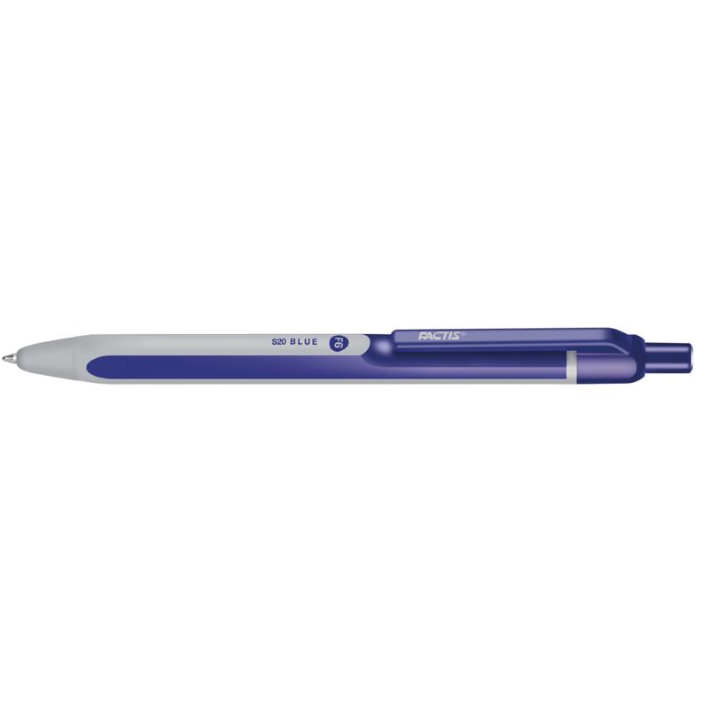 Factis F6 blue ballpoint pen with a stylish two-tone barrel, 1.0mm tip, and 1,200 meters of smooth writing.