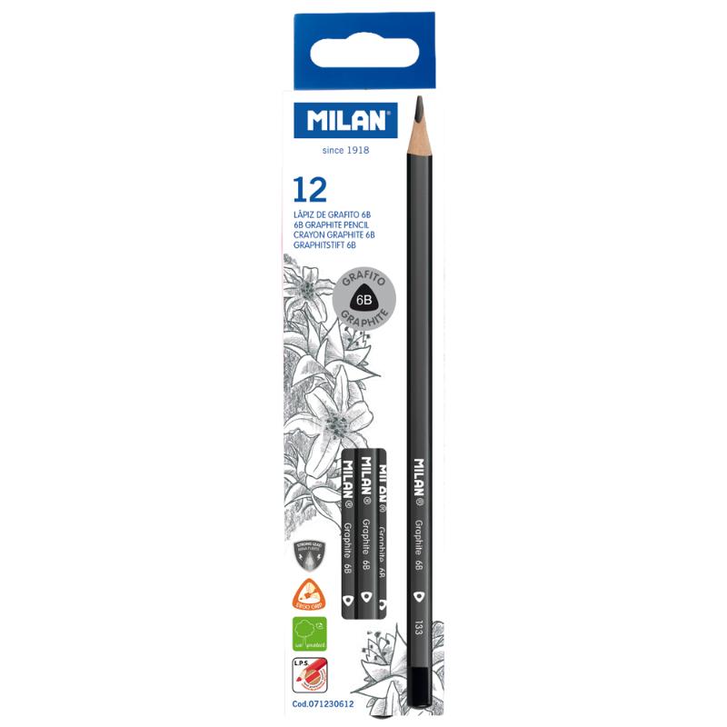 Milan Graphite Pencils 6B Pack of 12 with ergonomic design, soft lead for smooth drawing, and eco-friendly wood.