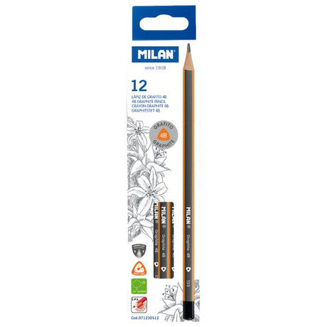 Milan 4B Graphite Pencils Pack of 12, ergonomic design, soft lead, break-resistant with sustainable wood for artists and students.