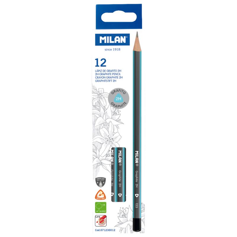 Milan 2H Graphite Pencils, pack of 12, with ergonomic triangular design and break-resistant lead for fine detail sketches.