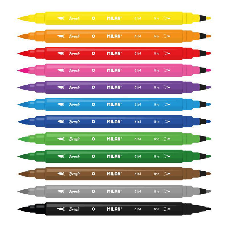 Milan Markers double-ended set with 12 vibrant dual-tip fibrepens in a metallic case, perfect for versatile creative projects.