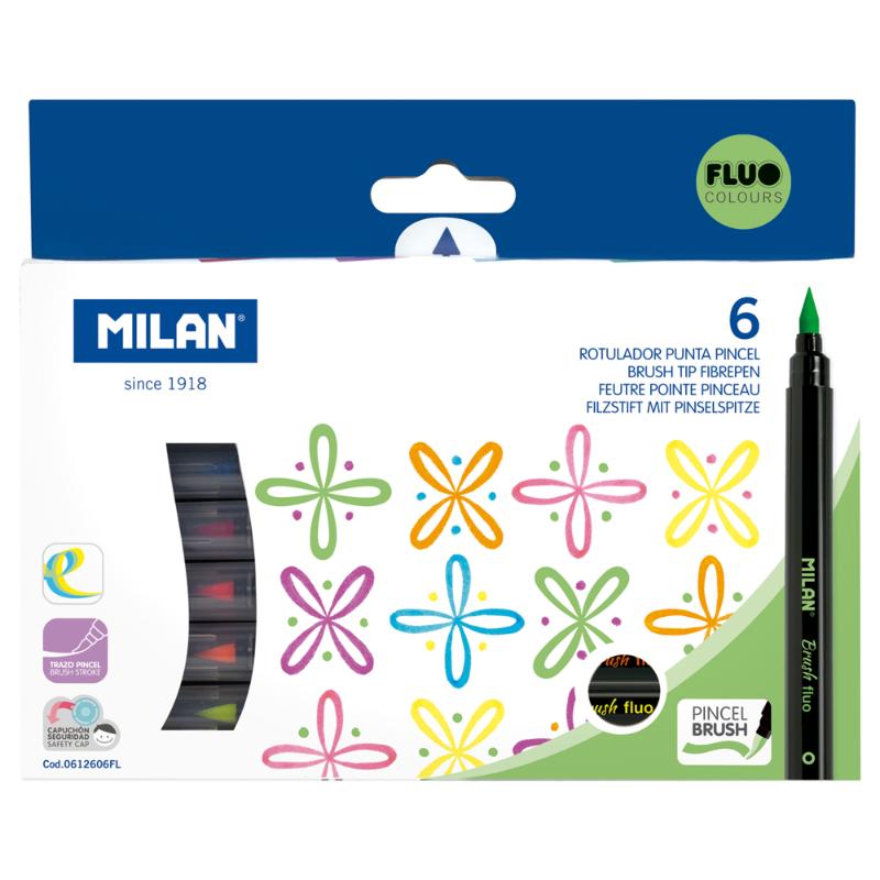 Milan Markers Brush Tip Fluoro Pack 6 featuring six vibrant fluorescent colors for versatile artistic expression.