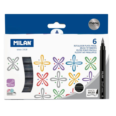 Milan Brush Tip Metallic Markers Pack of 6, featuring vibrant colors and flexible tips for calligraphy, lettering, and painting.