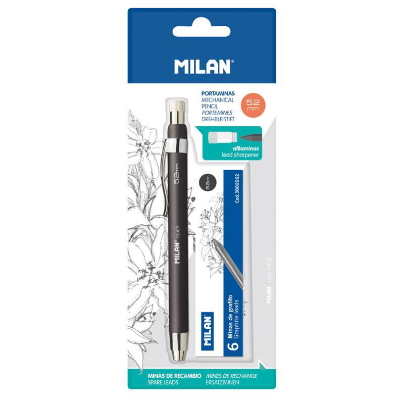 Milan Professional Mechanical Pencil B 5.2mm in black, includes 6 leads and sharpened for precise drawing and writing.