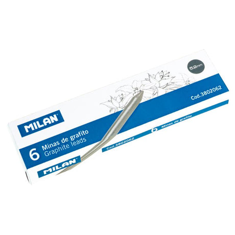 Milan 5.2mm B grade leads for mechanical pencils, pack of 6, ideal for smooth writing and precise sketching.