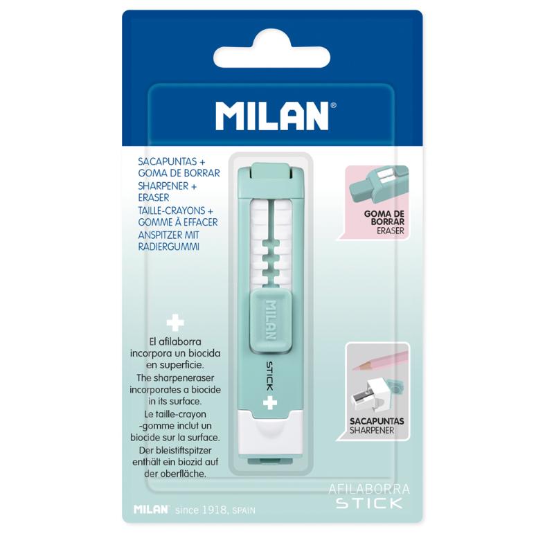 Milan Anti-Bacterial Stick Sharpener Eraser in turquoise, featuring a durable eraser and precision sharpener with antibacterial properties.