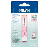 Vibrant pink Milan Anti-Bacterial Stick Sharpener Eraser with a flexible eraser and sharp steel blade for hygienic, efficient use.