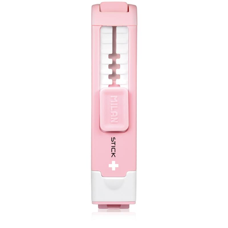 Milan Anti-Bacterial Stick Sharpener Eraser in pink with a flexible eraser and safe sharpener for hygienic, practical use.