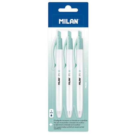 Milan Anti-Bacterial P1+ Ball Point Pens in blue, pack of 3, feature a white barrel, turquoise accents, and 1,200 meters of smooth writing.