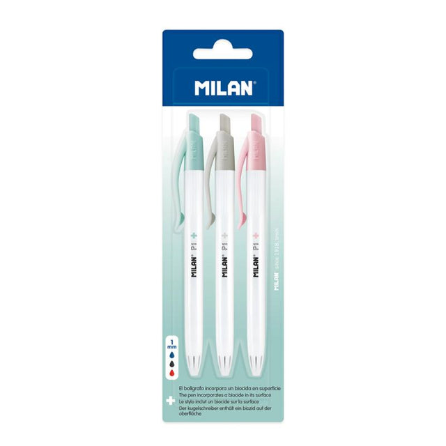 Milan Anti-Bacterial P1+ Ball Point Pens in assorted colors, featuring hygiene-focused design and smooth 1 mm tips.