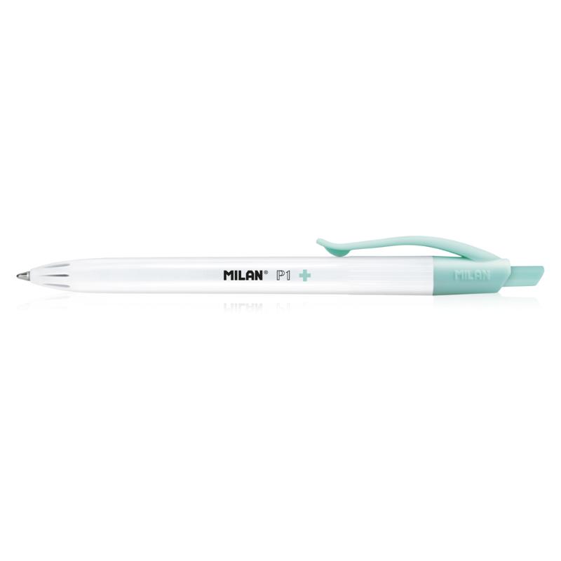 Milan Anti-Bacterial P1+ assorted ballpoint pen pack of 3, featuring a hygienic biocide-infused body and smooth 1 mm tip.