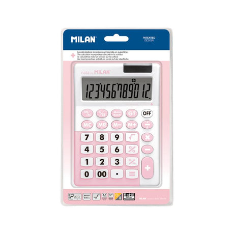 Milan Antibacterial 12 Digit Desk Calculator in Hangsell Pink, featuring advanced biocide, 4 memory keys, and dual power supply.