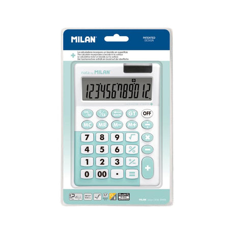 Milan Antibacterial 12 Digit Desk Calculator in turquoise, featuring antibacterial design, memory keys, dual power, and hygiene focus.