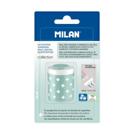 Milan turquoise double pencil sharpener with antibacterial properties, featuring standard and MAXI holes for various pencil sizes.