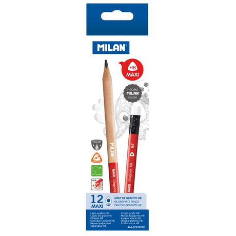 Milan Maxi HB Graphite Pencils Pack of 12 with ergonomic design, durable lead, and large eraser for writing and drawing.