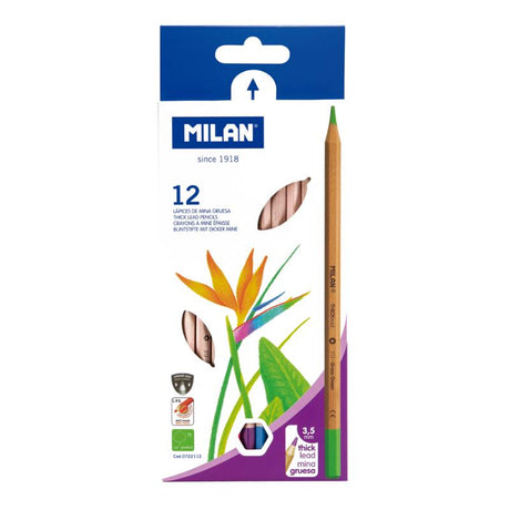 Milan Coloured Pencils Pack of 12 with thick leads, hexagonal shape, and vibrant colors for artists and hobbyists.