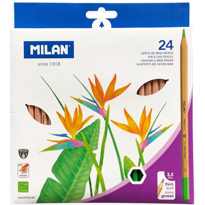 Milan Coloured Pencils Pack of 24 with thick 3.5mm leads in assorted vibrant colors, featuring a durable hexagonal design.