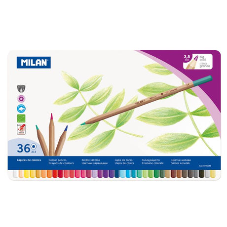 Milan Coloured Pencils set in a metal box, featuring 36 thick lead pencils with eco-friendly wood, perfect for vibrant art.