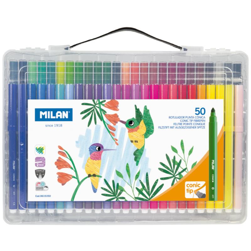 Milan Conic Tip Fibre Pens in a hard case, 50 vibrant colors with a 5mm conical tip for versatile artistic creativity.