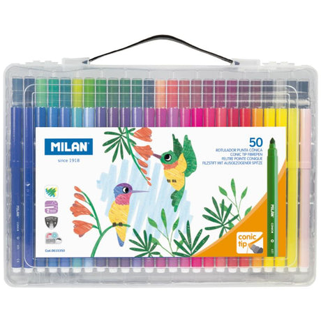 Milan Conic Tip Fibre Pens in a hard case, 50 vibrant colors with a 5mm conical tip for versatile artistic creativity.