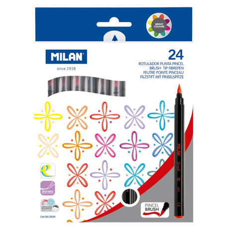 Assorted pack of 24 Milan brush tip fibre pens in vibrant colors, perfect for calligraphy, art, and easy color mixing.