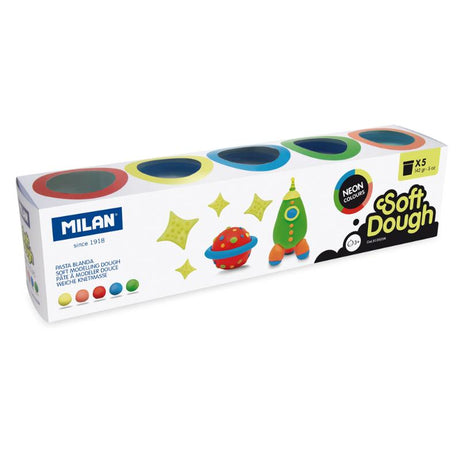 Bright neon modelling dough in yellow, orange, red, blue, and green, perfect for kids' creative play and safe crafting.