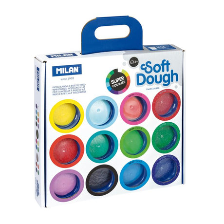 Milan Soft Dough Assorted Pack 16 features 16 vibrant cans for creative molding, safe for kids, with regular, neon, and glitter colors.