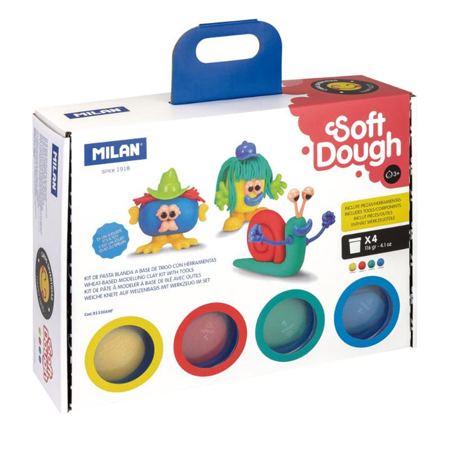 Colorful Milan Soft Dough Funny Faces Play Kit with 4 dough cans, 27 pieces, and 2 tools for creative fun and learning.