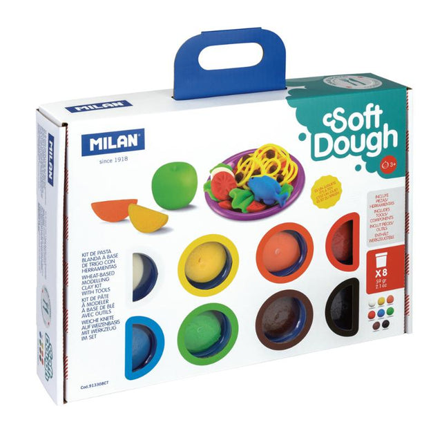 Colorful Milan Soft Dough Cooking Time Play Kit with 8 vibrant dough cans and 11 fun accessories for creative play.